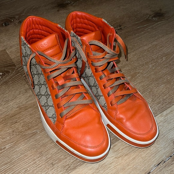 Men's Orange Gg Supreme And Leather High-top Sneaker - Picture 1 of 4
